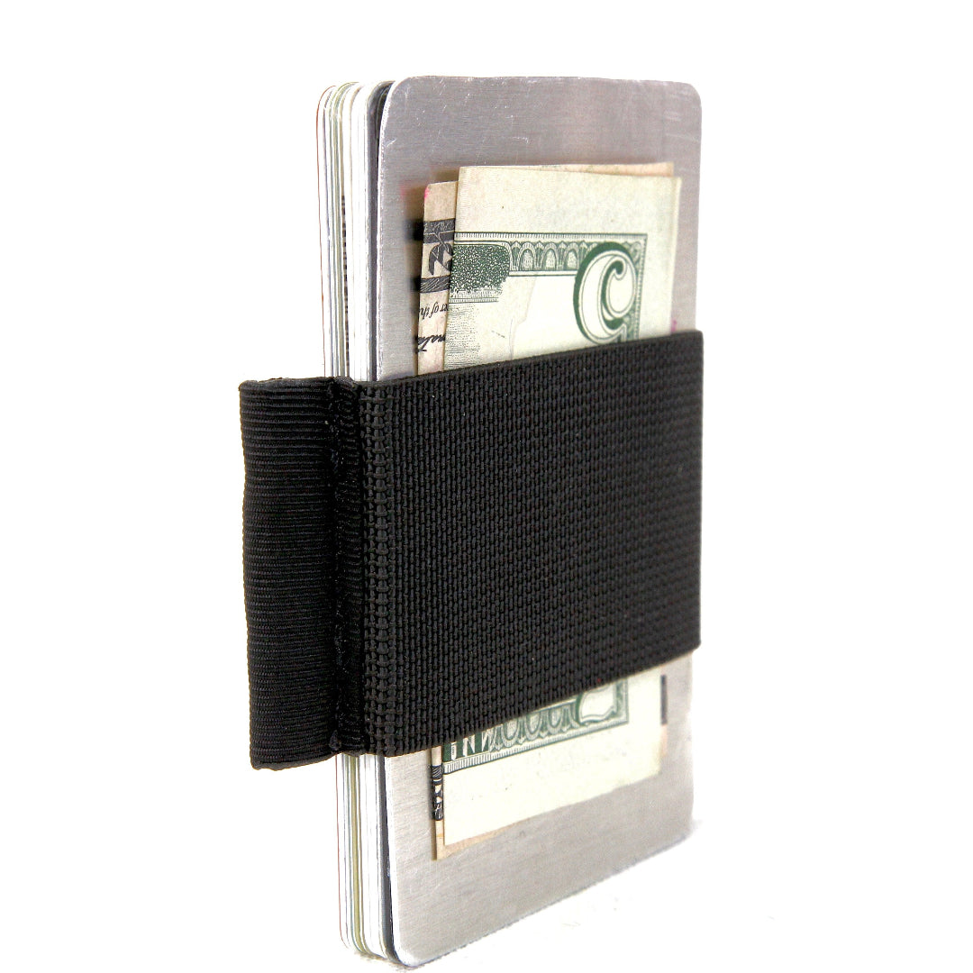 The black edition Minimalist Elastic Card Band Wallet from Recycled Firefighter. Tactical quality designed for demanding professionals.