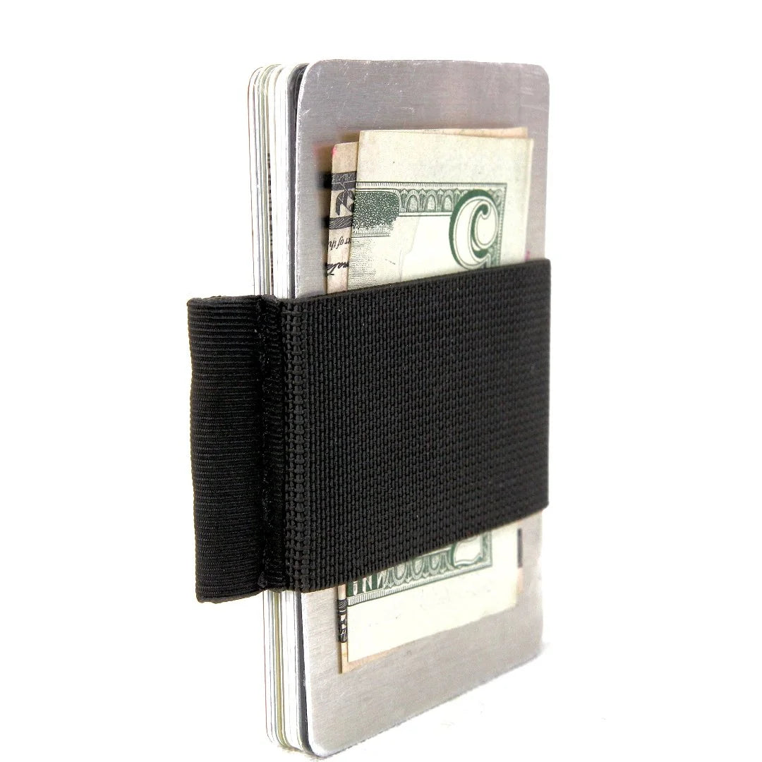 The black edition Minimalist Elastic Card Band Wallet from Recycled Firefighter. Tactical quality designed for demanding professionals.