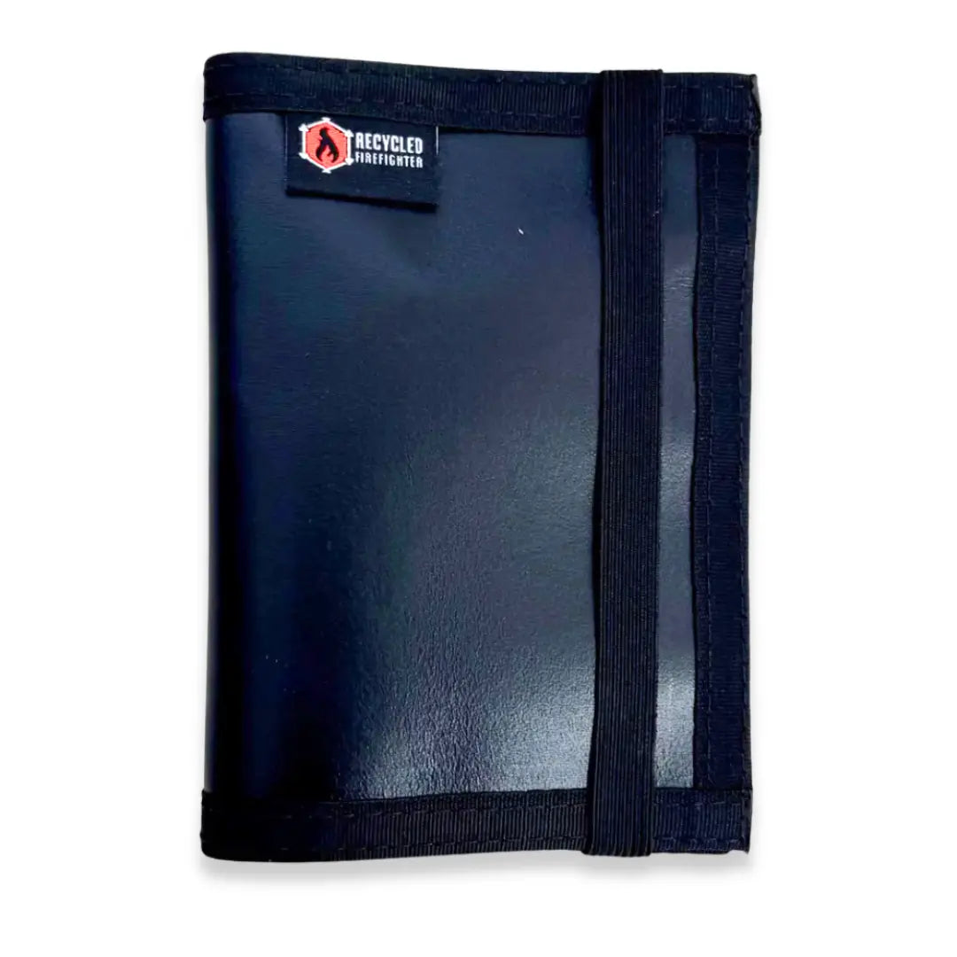 Black and Black Passport Notebook Wallet Combat Boot Leather by Recycled Firefighter. Quality tactical gear celebrating first responder heritage.