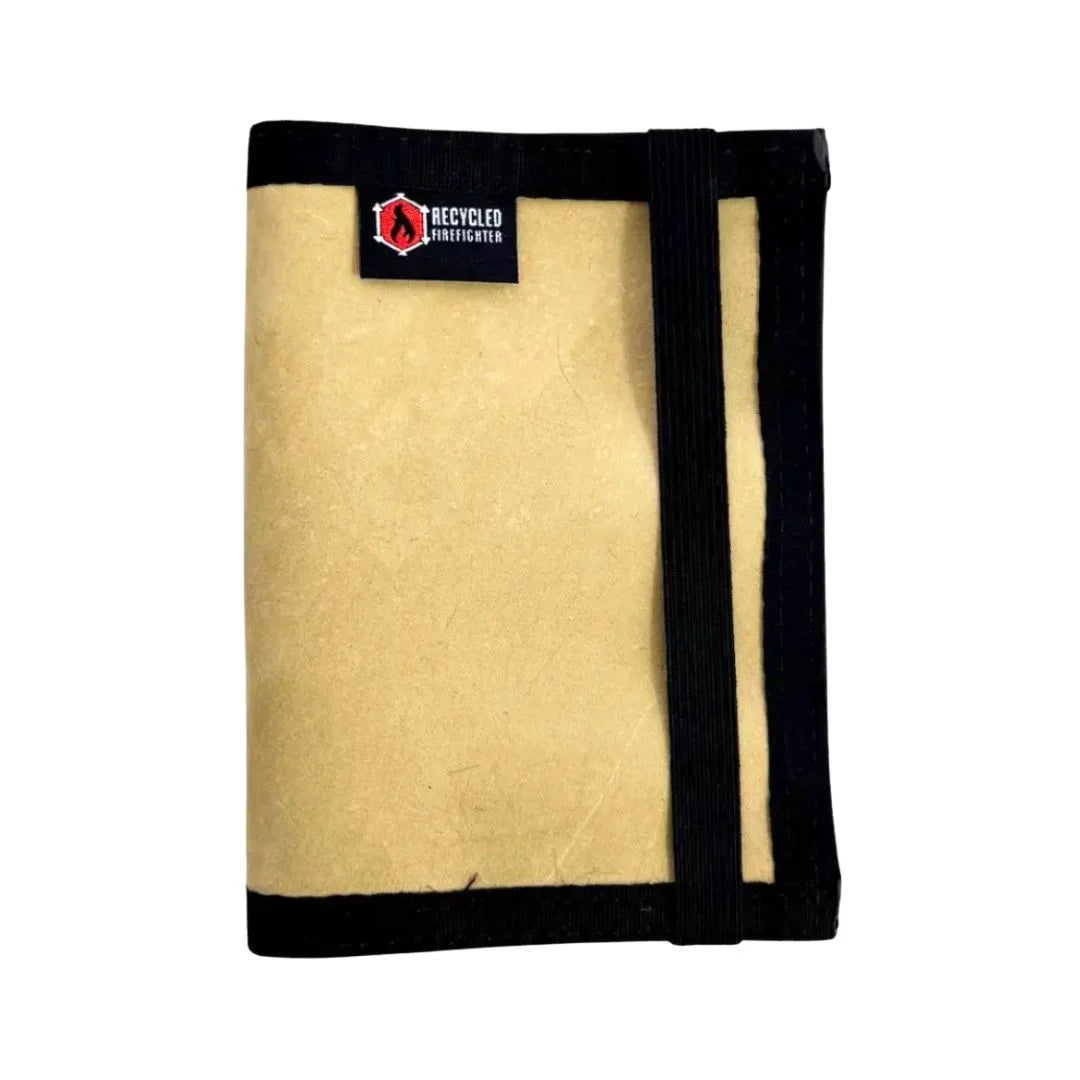 Coyote and Black Passport Notebook Wallet Combat Boot Leather by Recycled Firefighter. Quality tactical gear celebrating first responder heritage.