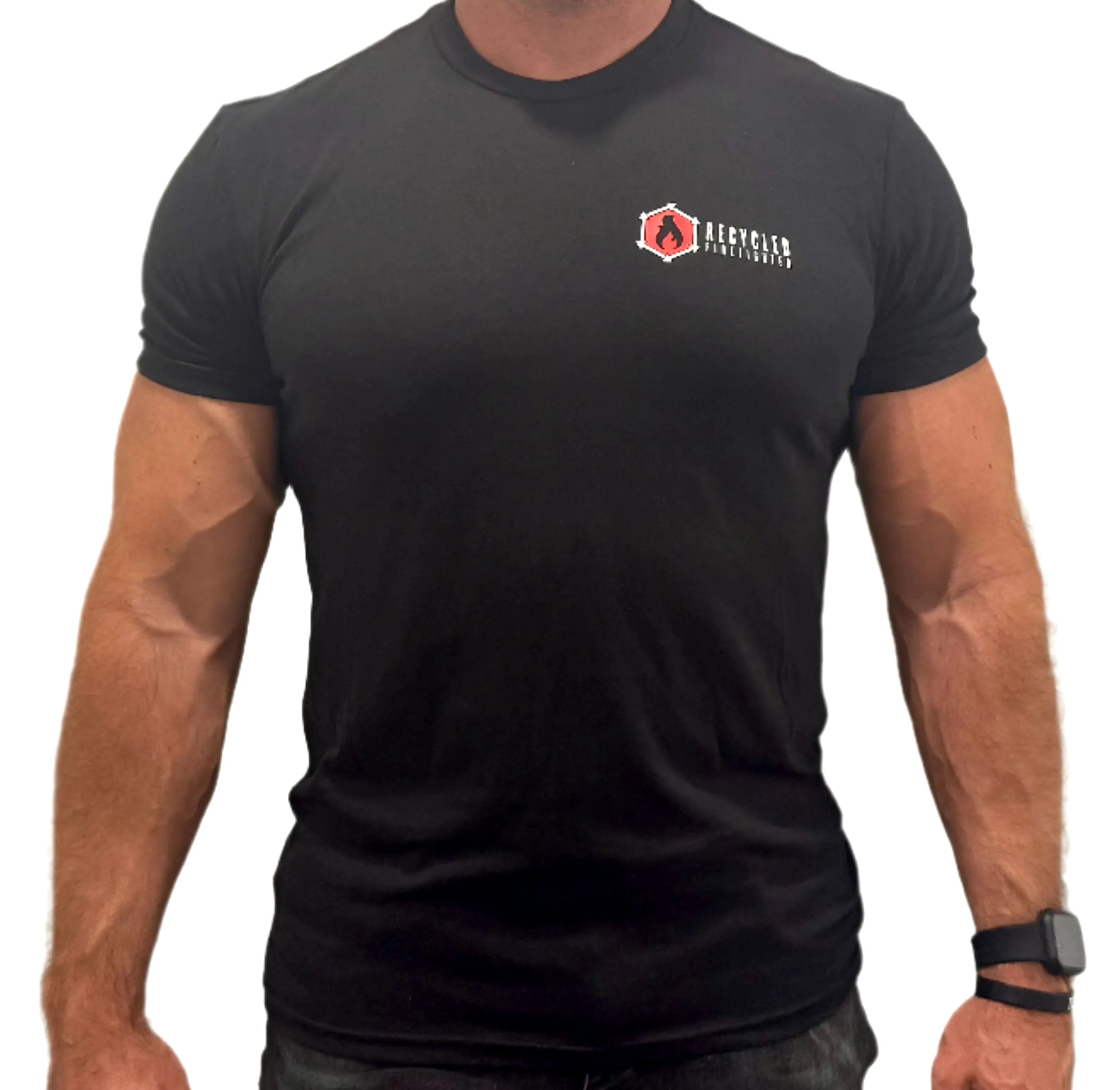 A soft, black t-shirt showing the Recycled Firefighter logo. The logo is a circular design with two crossed firefighting axes and the brand name in bold lettering. Available in men's crew neck and women's v-neck styles.
