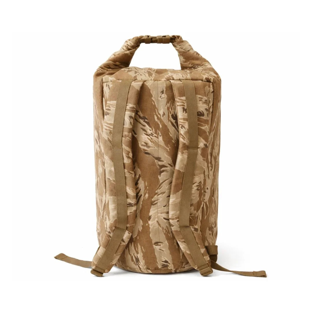 Roll Top Duffle Backpack in Desert TIger Stripe by Recycled Firefighter. Durable professional gear for tactical applications.
