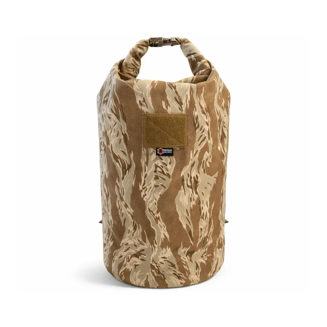 Roll Top Duffle Backpack in Desert TIger Stripe by Recycled Firefighter. Durable professional gear for tactical applications.