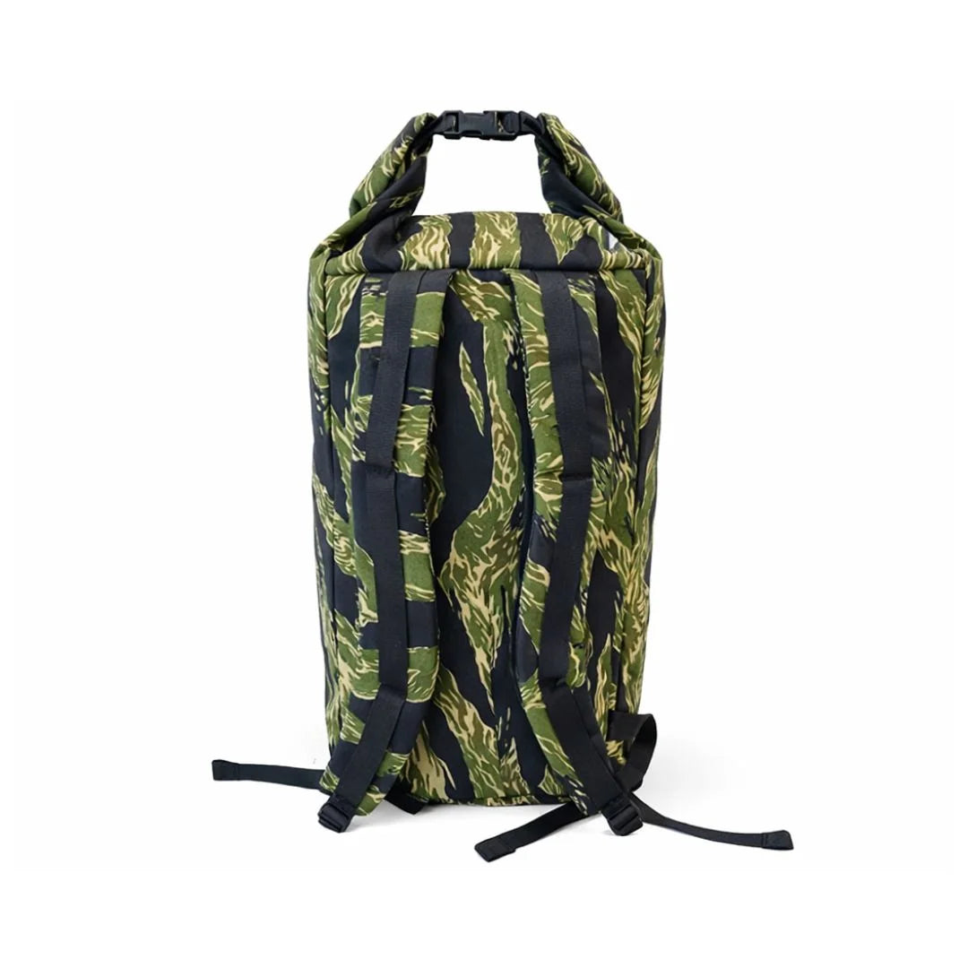 The Jungle Tiger Stripe Roll Top Duffle Backpack from Recycled Firefighter. Tactical quality meets professional design standards.
