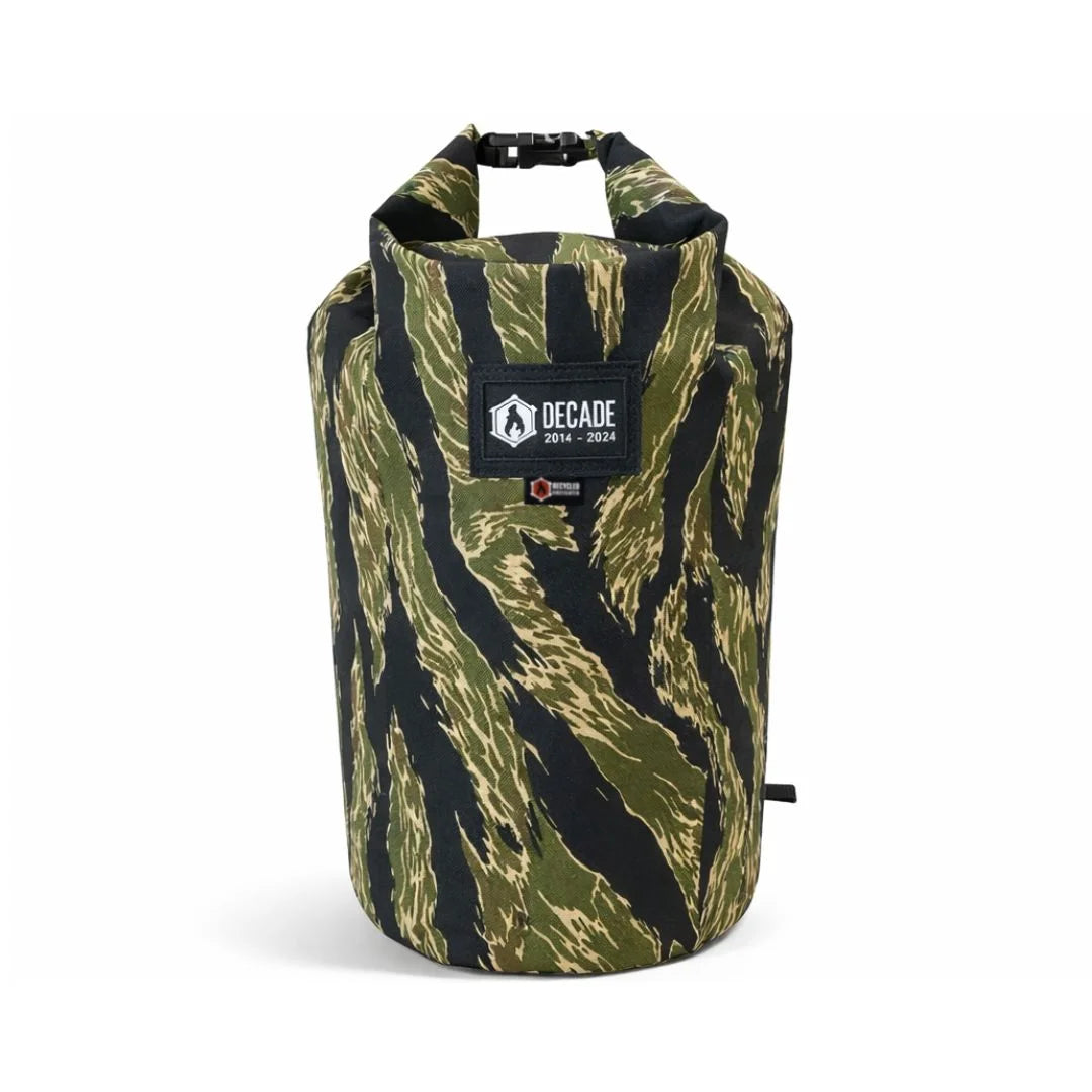 The Jungle Tiger Stripe Roll Top Duffle Backpack from Recycled Firefighter. Tactical quality meets professional design standards.