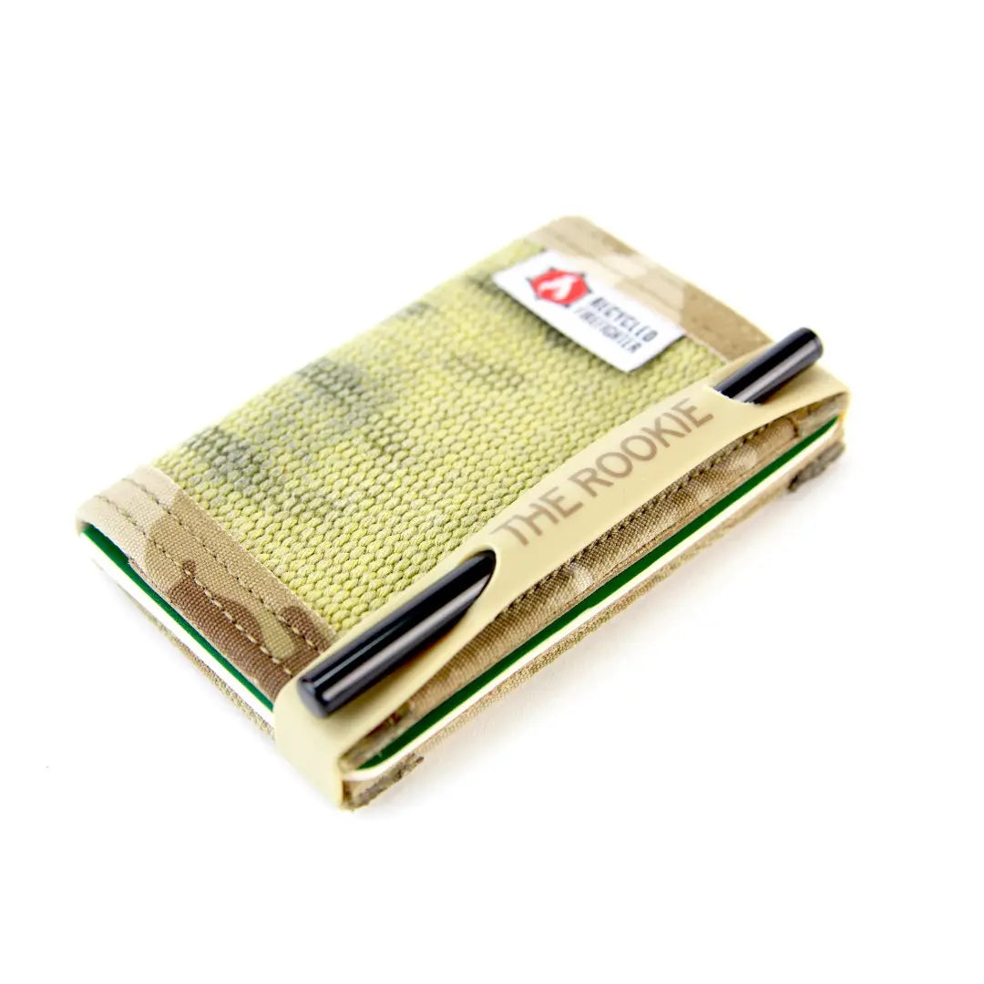 Rookie Wallet Band in Tan by Recycled Firefighter. Durable professional gear for tactical applications.