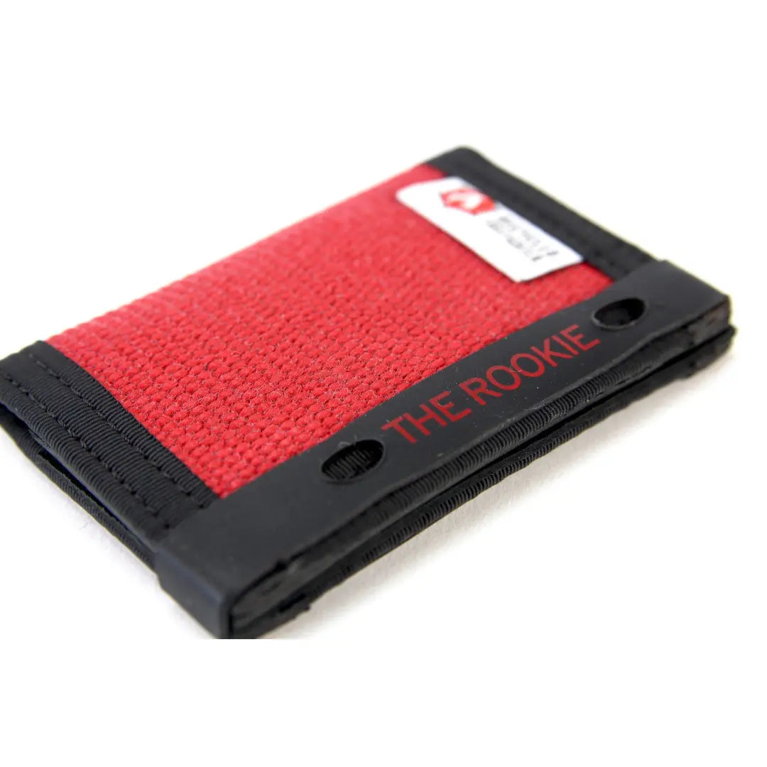The Rookie Wallet Band in Red and Black by Recycled Firefighter. Tactical design meets professional durability standards.