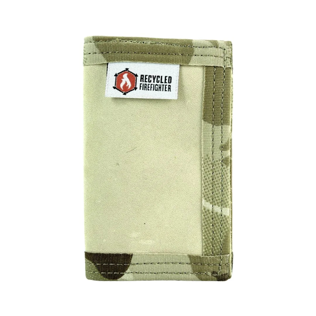 Professional Rookie Wallet Combat Boot Leather in Desert Tan and Multicam Arid by Recycled Firefighter. Tactical design honors first responder service with quality materials.