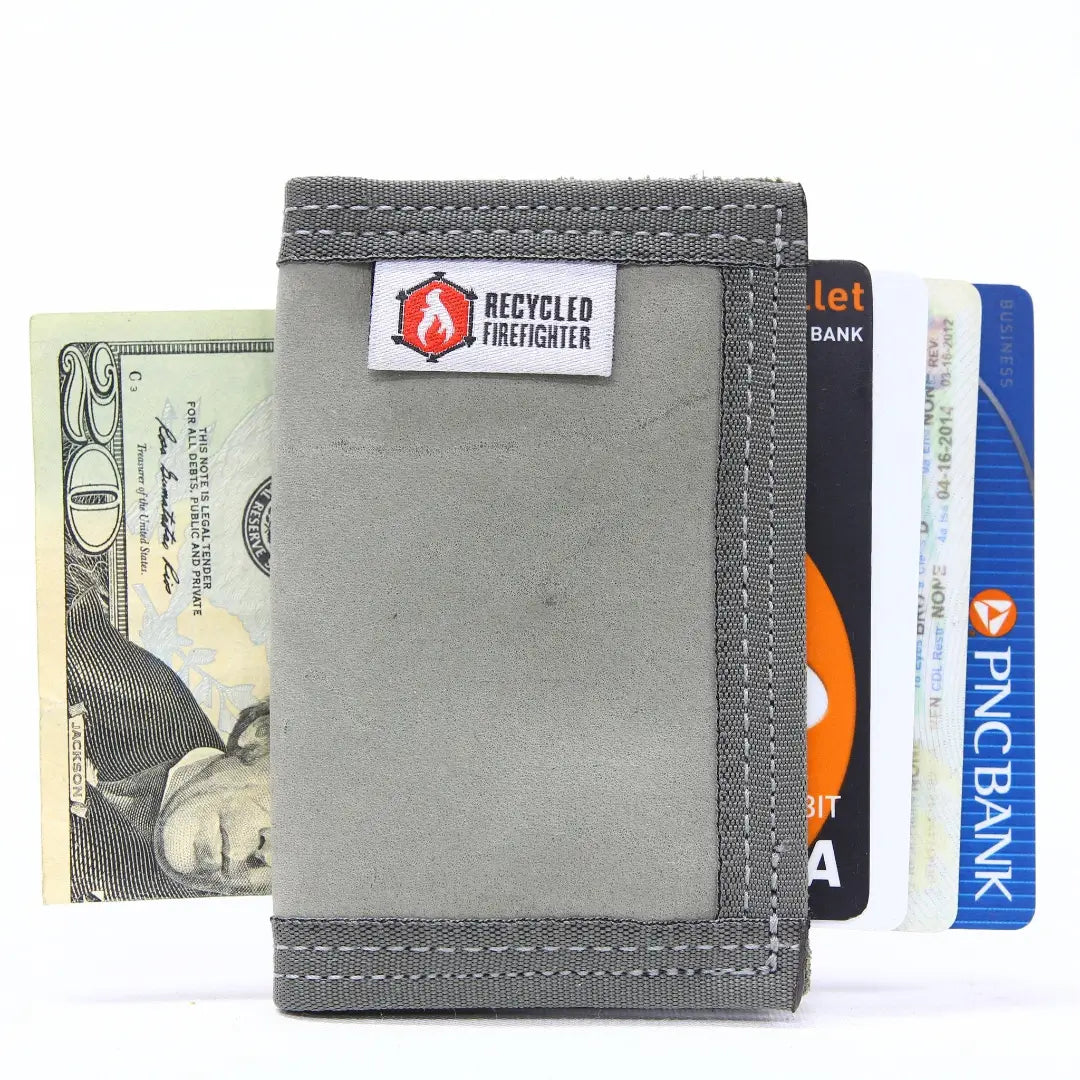 Rookie Wallet Combat Boot Leather from Recycled Firefighter featuring Foliage Grey. Durable gear designed for first responders and tactical professionals.