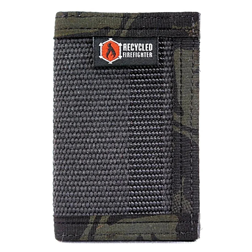 Tactical black and multicam black Rookie Wallet from Recycled Firefighter. Cohesive dark tactical design.