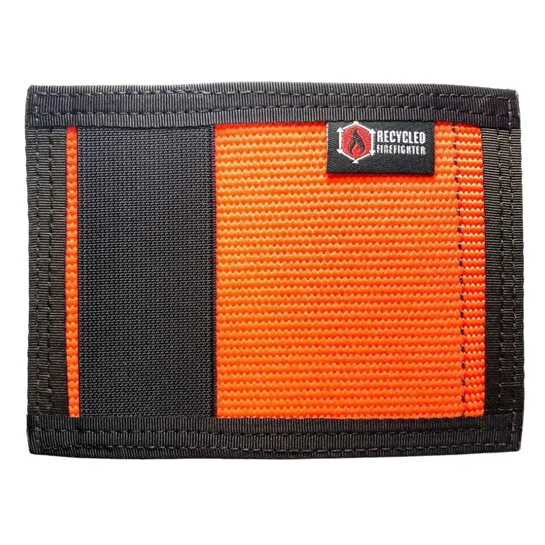 High-vis orange and black Rookie Wallet from Recycled Firefighter. Emergency response coloring identifies gear quickly.
