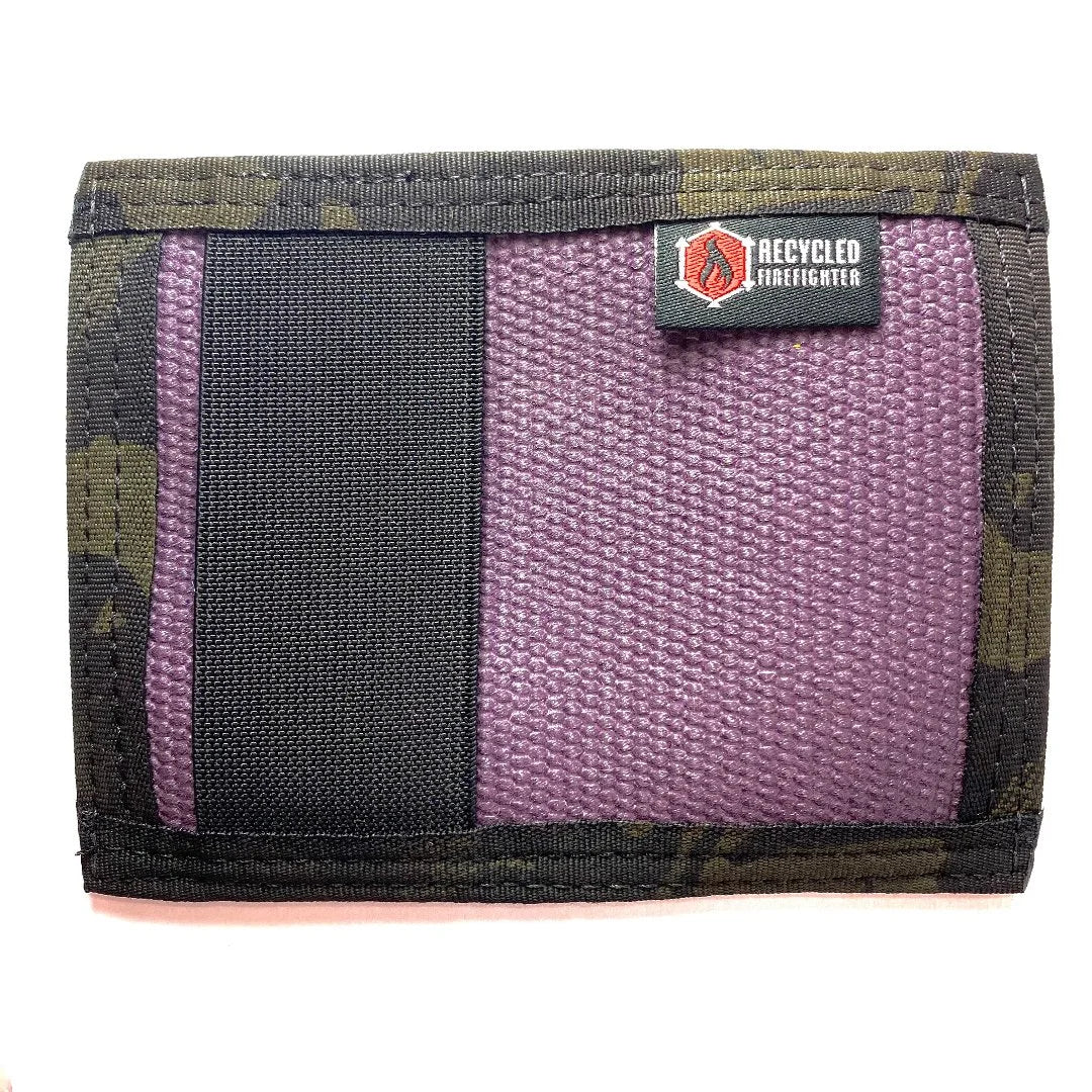 Distinctive purple with multicam black Rookie Wallet by Recycled Firefighter. Unique color combination stands apart.