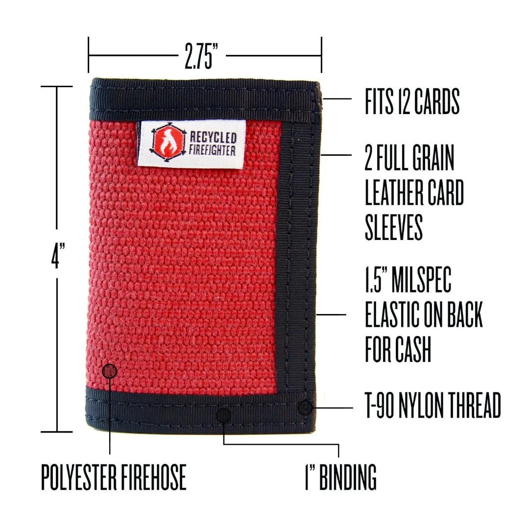 The Rookie minimalist bifold wallet by Recycled Firefighter, handcrafted from repurposed orange fire hose with green digital camo trim and an integrated elastic cash strap.