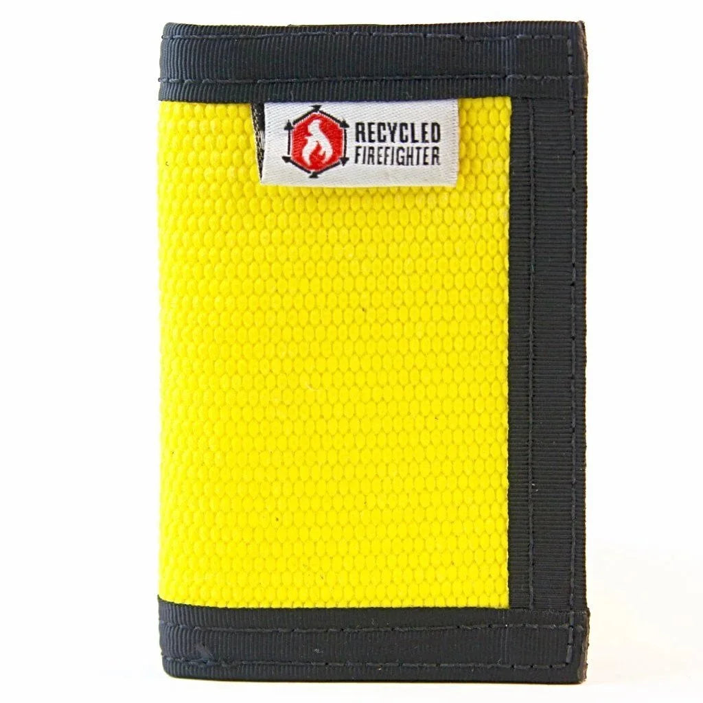 Eye-catching yellow and black Rookie Wallet by Recycled Firefighter. Classic safety colors honor fire service.