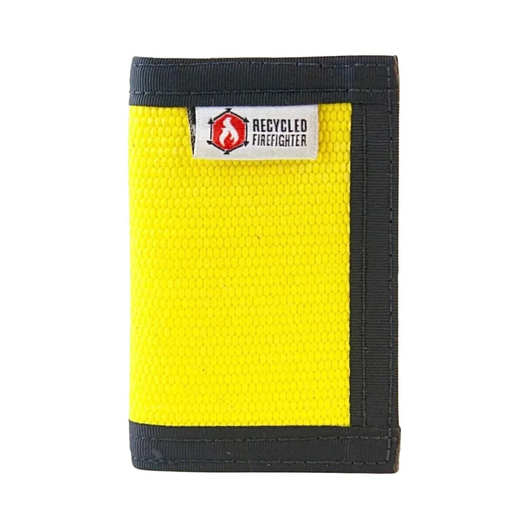 Eye-catching yellow and black Rookie Wallet by Recycled Firefighter. Classic safety colors honor fire service.