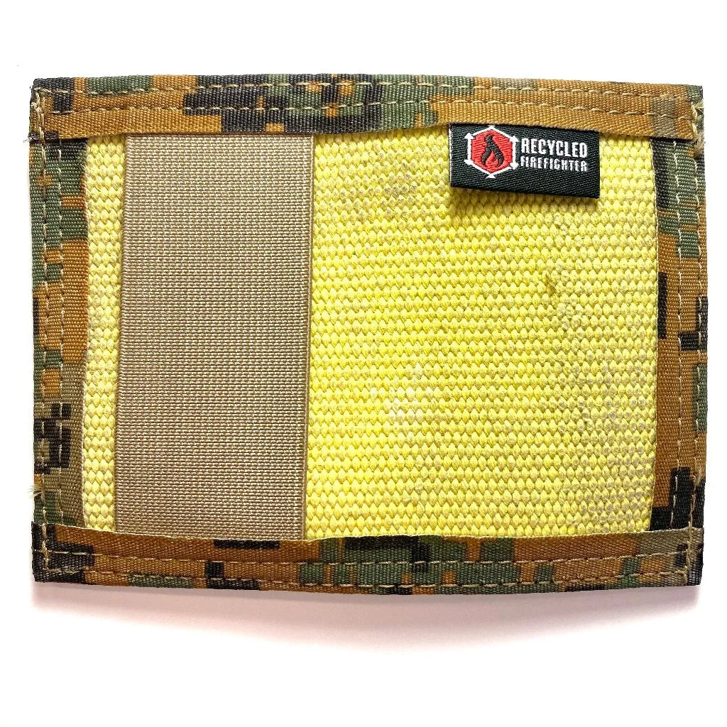 Yellow fire hose with marine Marpat Rookie Wallet by Recycled Firefighter. Honors military service branches.