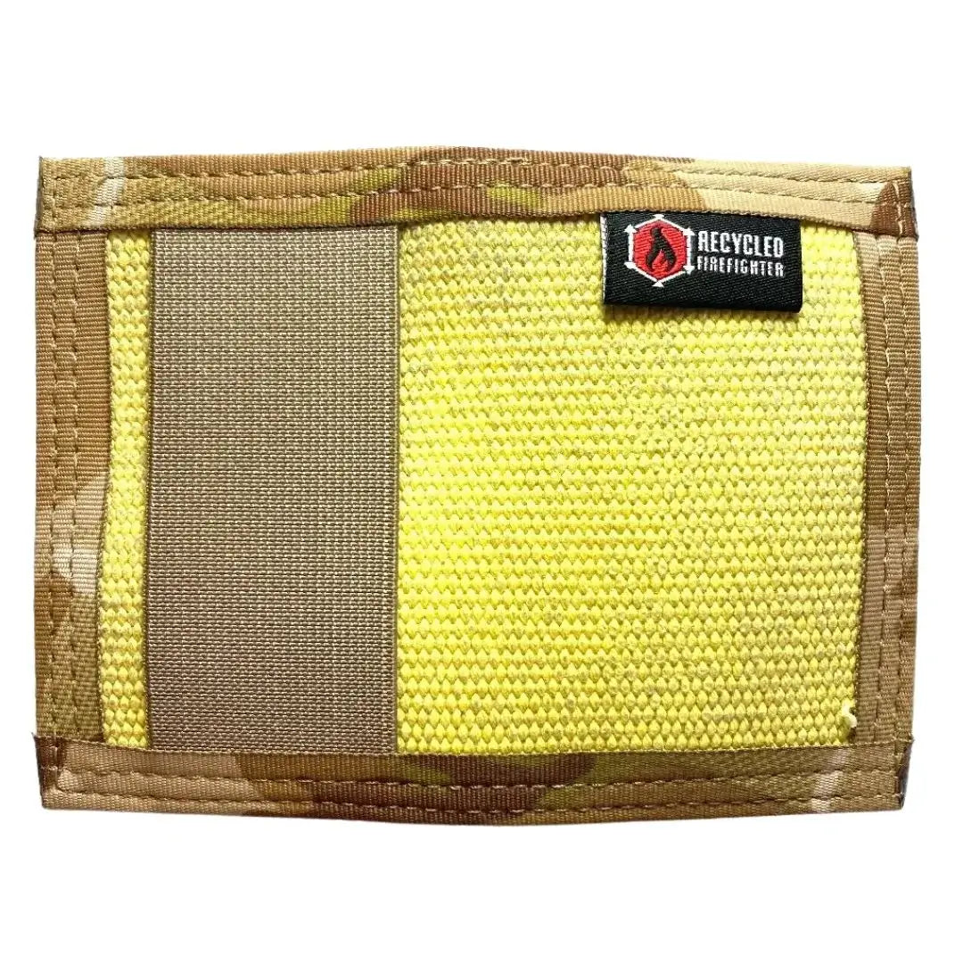 Yellow fire hose with arid multicam Rookie Wallet from Recycled Firefighter. Desert-ready color combination.