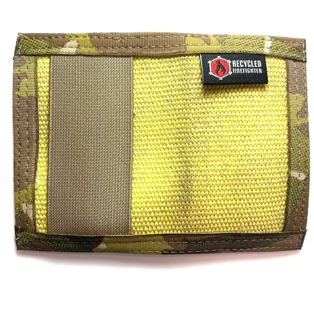 Bright yellow and multicam Rookie Wallet by Recycled Firefighter. Visibility meets tactical versatility.