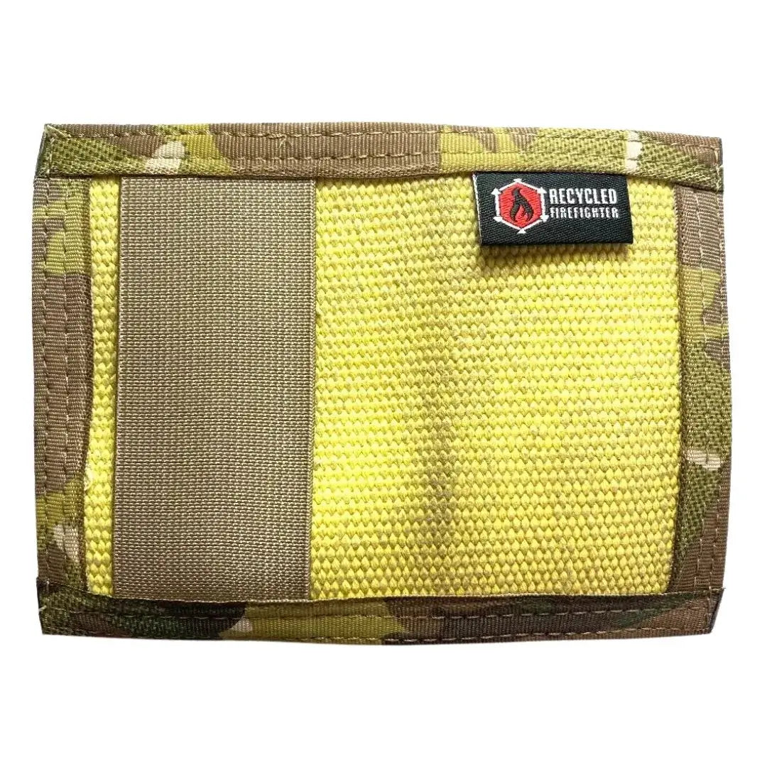 Bright yellow and multicam Rookie Wallet by Recycled Firefighter. Visibility meets tactical versatility.