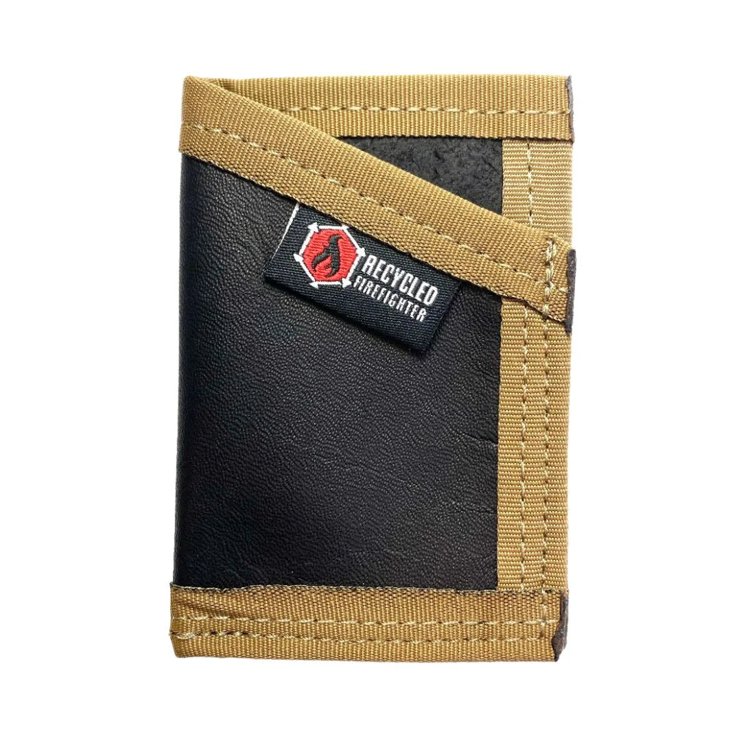 Black and coyote combat leather Sergeant Wallet from Recycled Firefighter. Dual-tone military leather provides versatility.