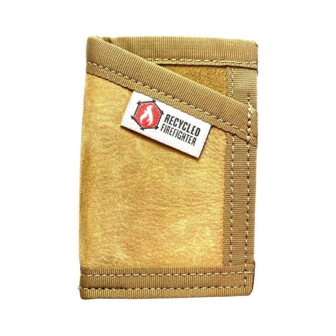 Coyote combat leather Sergeant Wallet by Recycled Firefighter. Genuine military boot leather develops unique patina through use.
