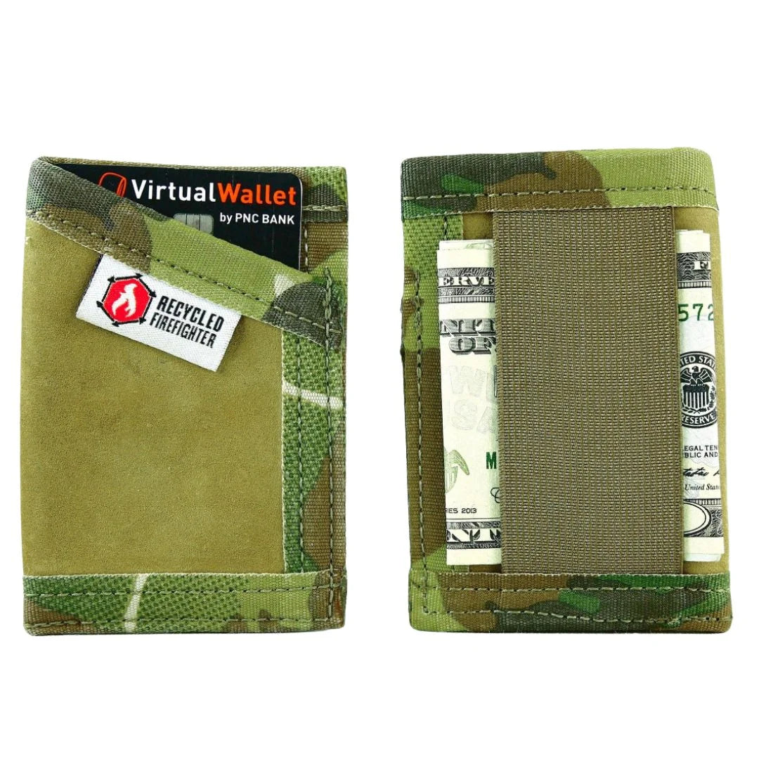 Desert tan leather with multicam arid Sergeant Wallet by Recycled Firefighter. Premium construction optimizes arid performance.