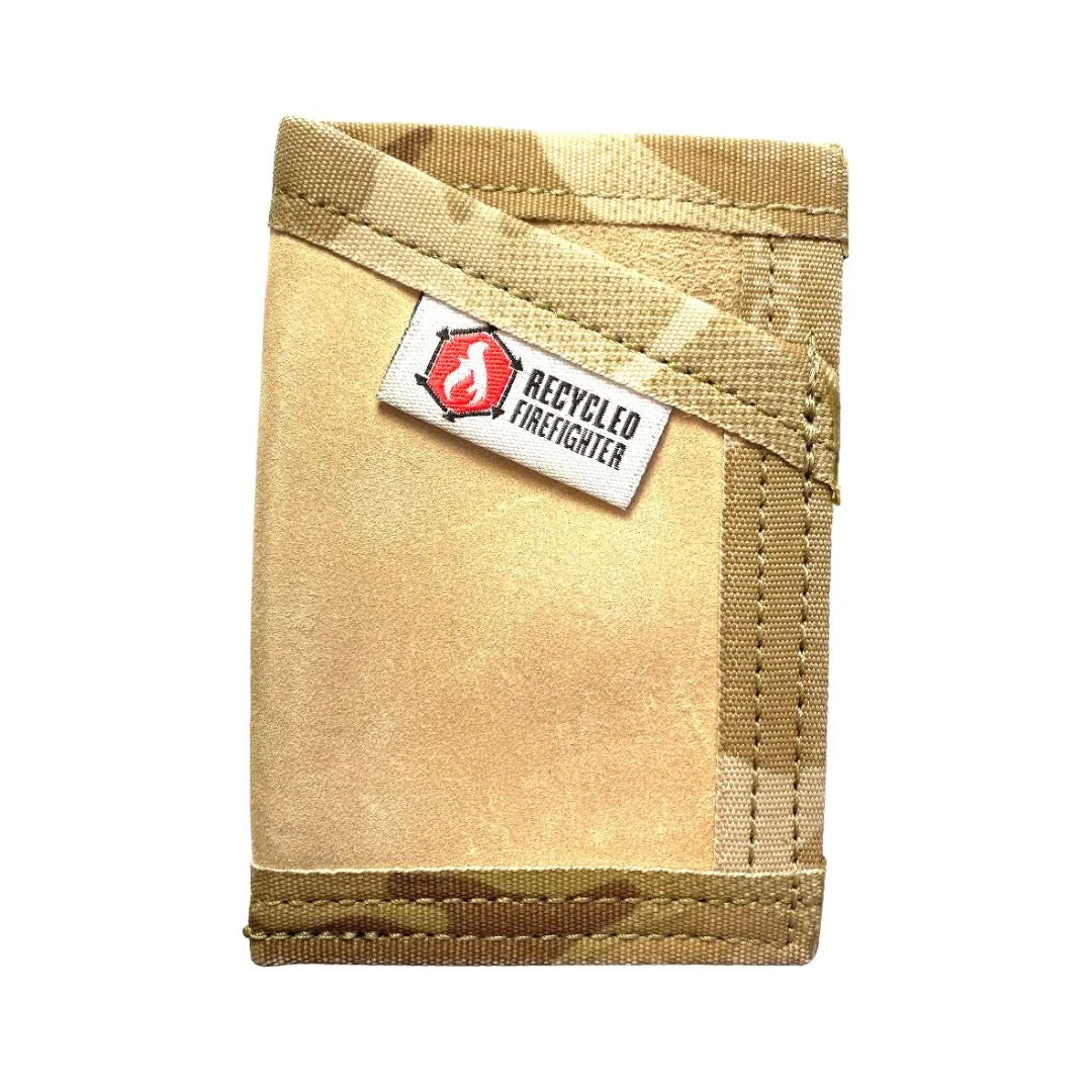 Coyote leather with multicam Sergeant Wallet from Recycled Firefighter. Military-grade leather meets tactical camouflage.