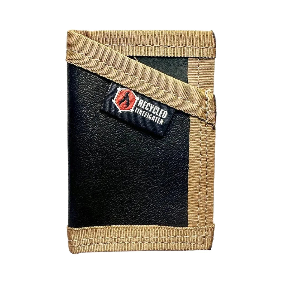 Premium leather black with coyote Sergeant Wallet from Recycled Firefighter. Professional appearance meets earth-tone tactical functionality.