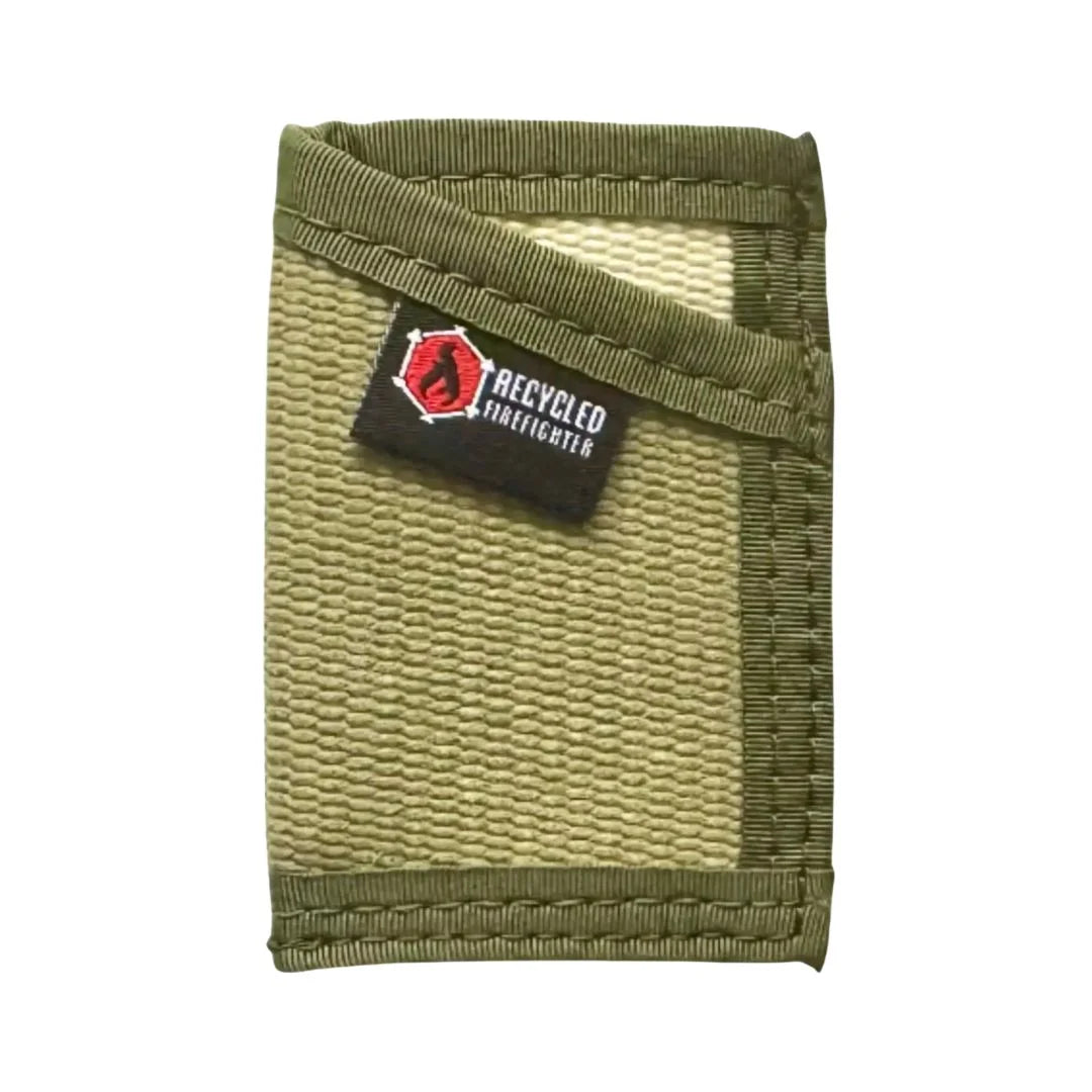 Neutral tan and olive drab Sergeant Wallet crafted from fire hose. Recycled Firefighter's earth-tone design provides environmental concealment.