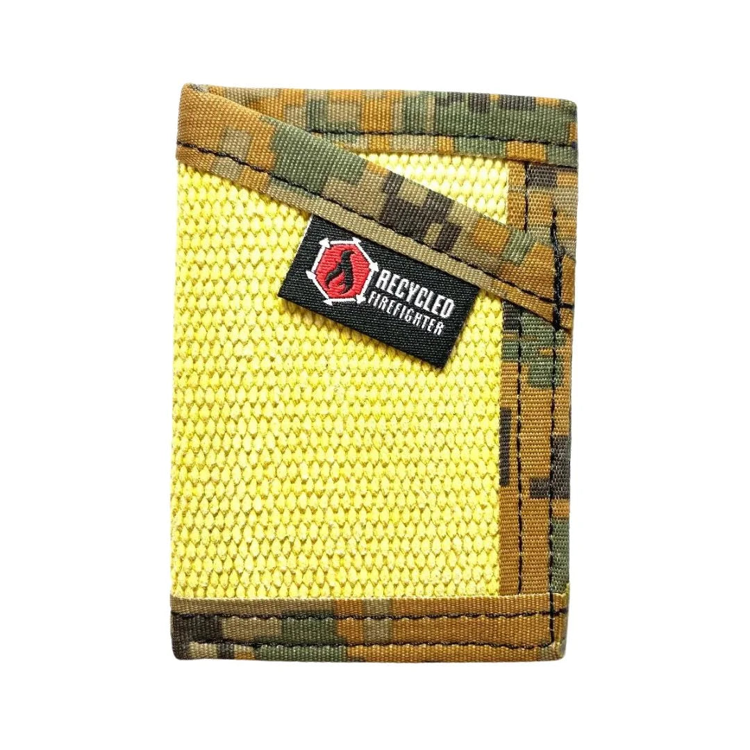 Vintage yellow pairs with digital woodland in this Sergeant Wallet. Recycled Firefighter blends traditional visibility with modern camouflage.