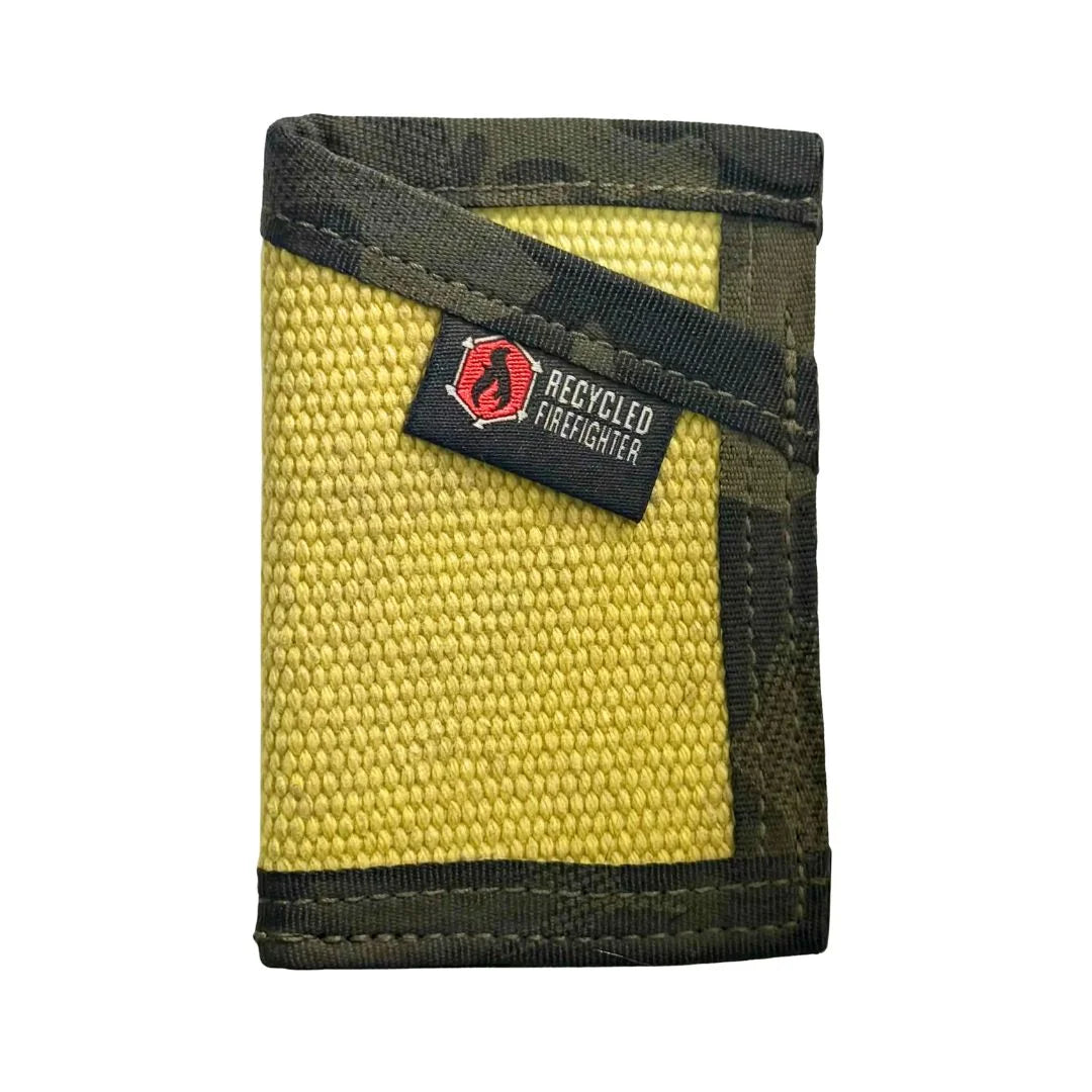 Vintage yellow with multicam black Sergeant Wallet from Recycled Firefighter. Balanced design merges brightness with tactical camouflage.