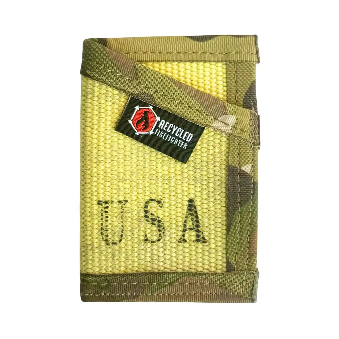 Recycled Firefighter's Vintage Yellow Sergeant Wallet Firehose Edition paired with a tactical Multicam camouflage strap.