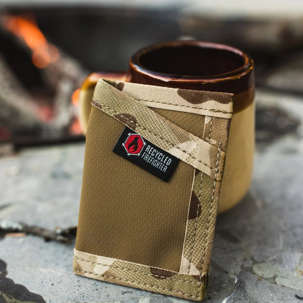 Coyote and multicam arid Sergeant Hypalon Wallet from Recycled Firefighter. Arid environment design resists water and wear.