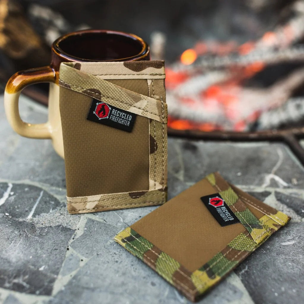 Coyote and multicam arid Sergeant Hypalon Wallet from Recycled Firefighter. Arid environment design resists water and wear.