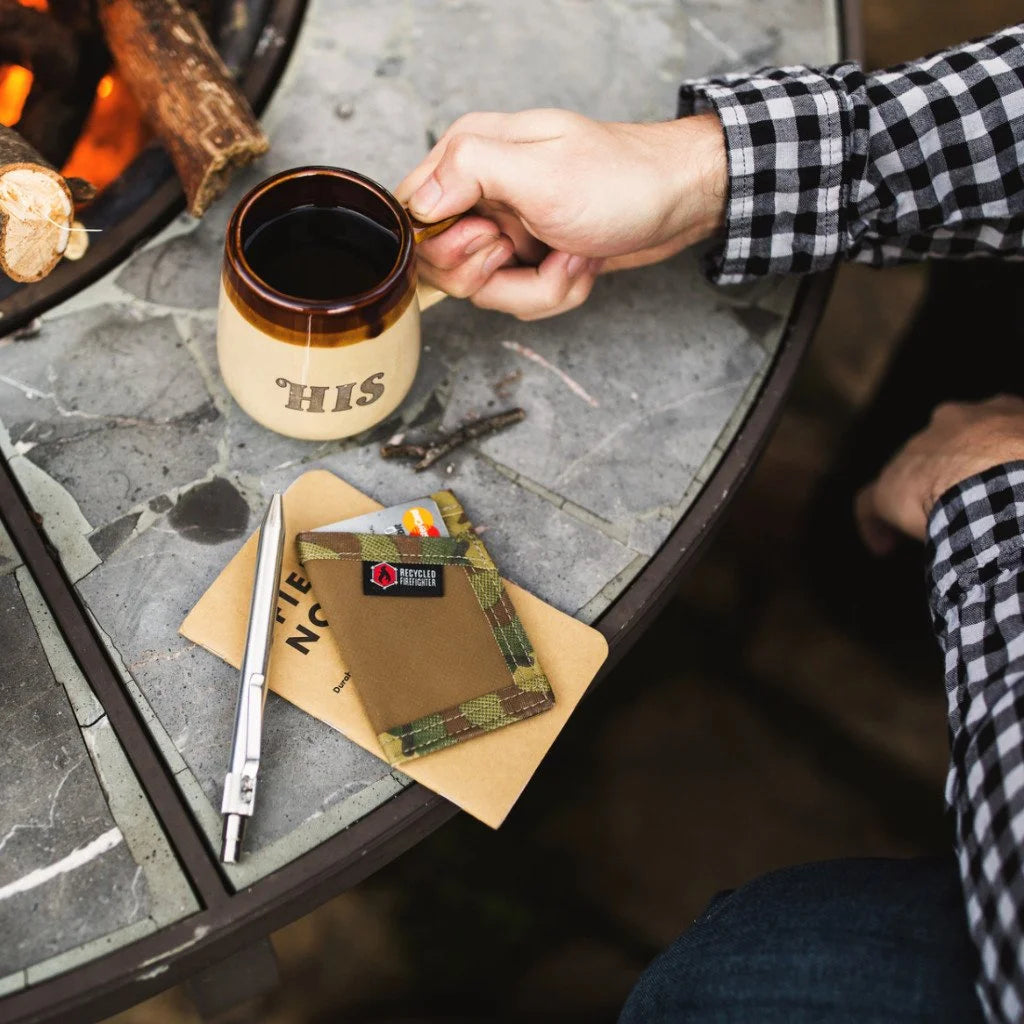 Coyote and multicam Sergeant Hypalon Wallet by Recycled Firefighter. Desert-ready weather protection with tactical camo.