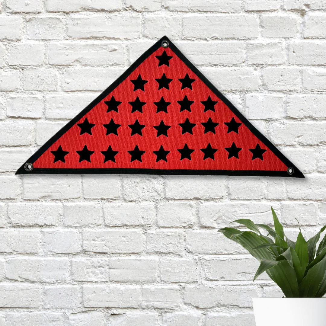 The red black Service Star Triangle Flag Fire Hose from Recycled Firefighter. Tactical quality meets professional design standards.