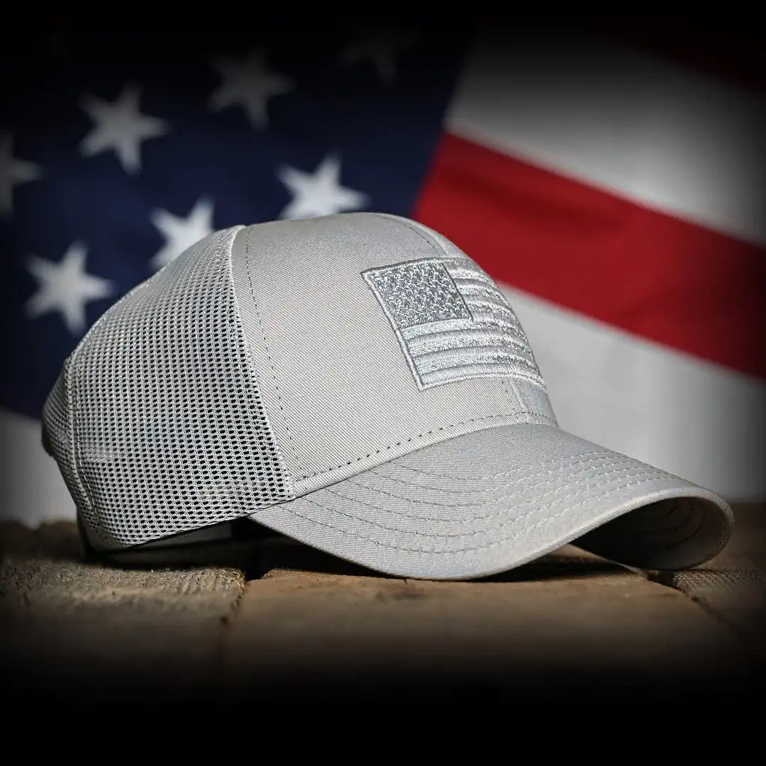 Tonal Light Gray American Flag Hat, front right view