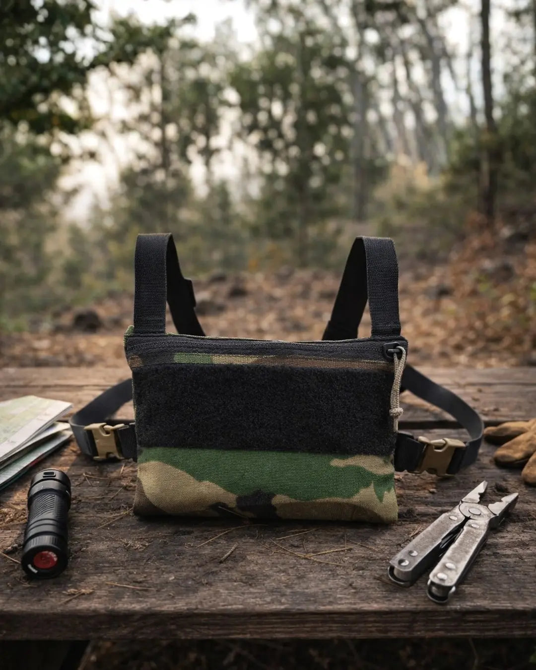 Woodland Minimalist Chest Rig in Woodland Minimalist Chest Rig by Recycled Firefighter. Durable professional gear for tactical applications.