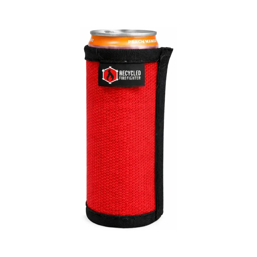 This red Recycled Firefighter Drink Sleeve - Firehose - Skinny is made from durable, repurposed fire hose.