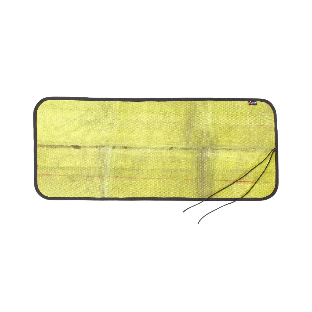 Yellow Black Variant A rugged Yellow Black Drop Zone Mat from Recycled Firefighter featuring a yellow repurposed firehose surface and black 1000D nylon backing. The mat is laid flat to provide a durable workspace for cleaning tools or organizing gear.