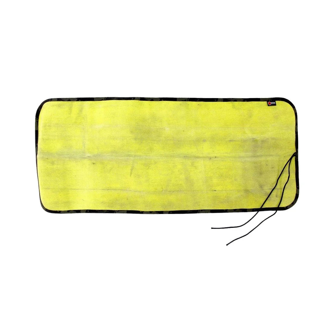 Yellow Black Variant A rugged Yellow Black Drop Zone Mat from Recycled Firefighter featuring a yellow repurposed firehose surface and black 1000D nylon backing. The mat is laid flat to provide a durable workspace for cleaning tools or organizing gear.
