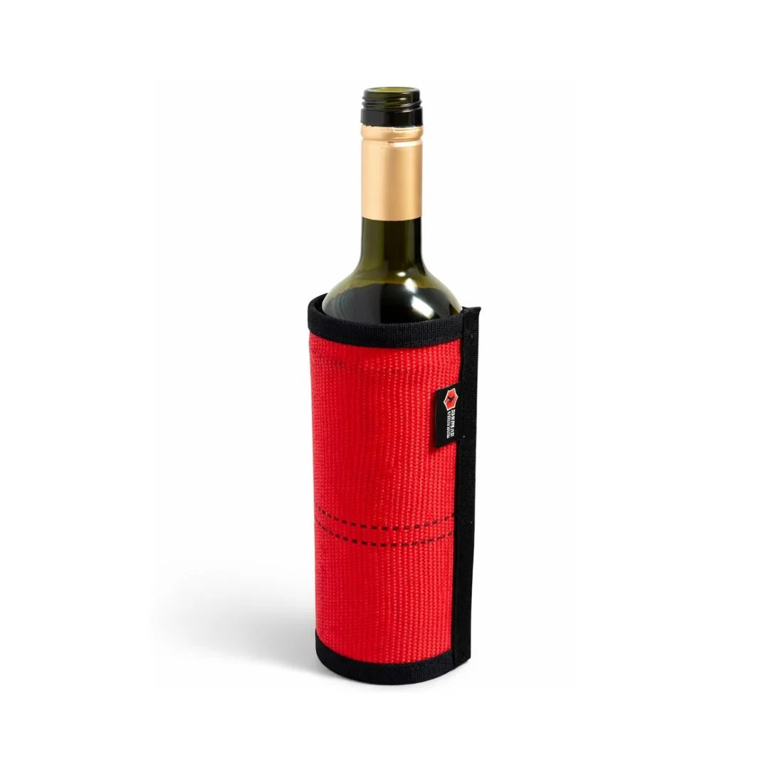 Red Firehose Wine Bottle Cover from Recycled Firefighter. Professional tactical construction for everyday operations.