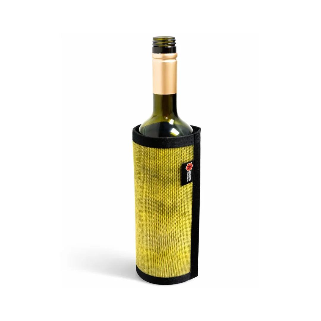 Recycled Firefighter's Vintage Yellow Firehose Wine Bottle Cover. Quality tactical gear built for demanding professional use.
