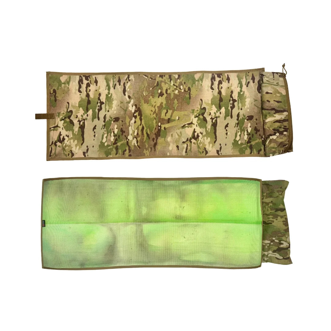 Recycled Firefighter Long Rifle Mat Firehose Edition in Vintage Green & Multicam, flat front and back view. Built from reclaimed fire hose and 1000D Cordura lining, handcrafted in the USA at 40" x 16" for full rifle coverage.