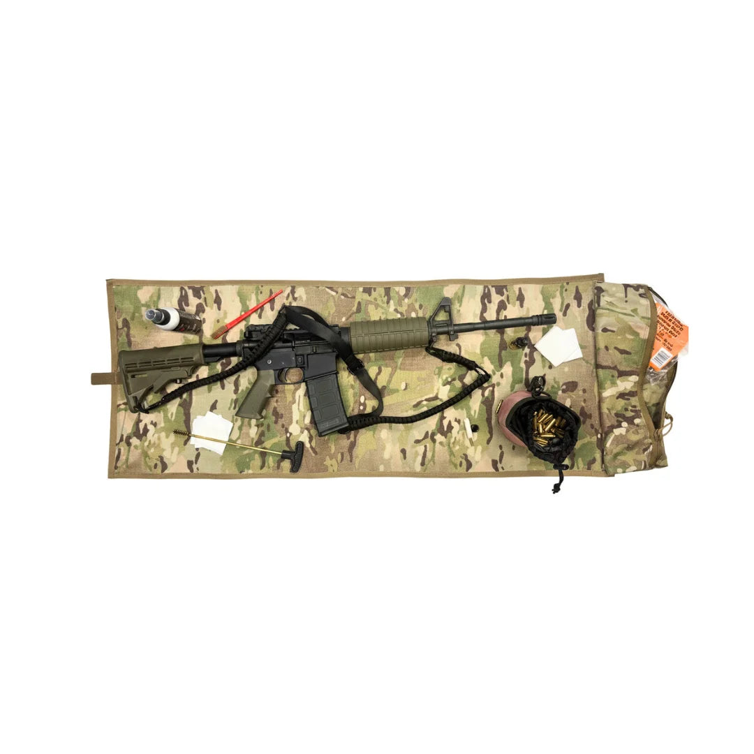 Long Rifle Mat Firehose Edition in Vintage Green & Multicam paired with a rifle and Ammo Gear Bag by Recycled Firefighter. A 40 x 16 inch USA-made range mat built from real fire hose with a built-in YKK zippered pouch.