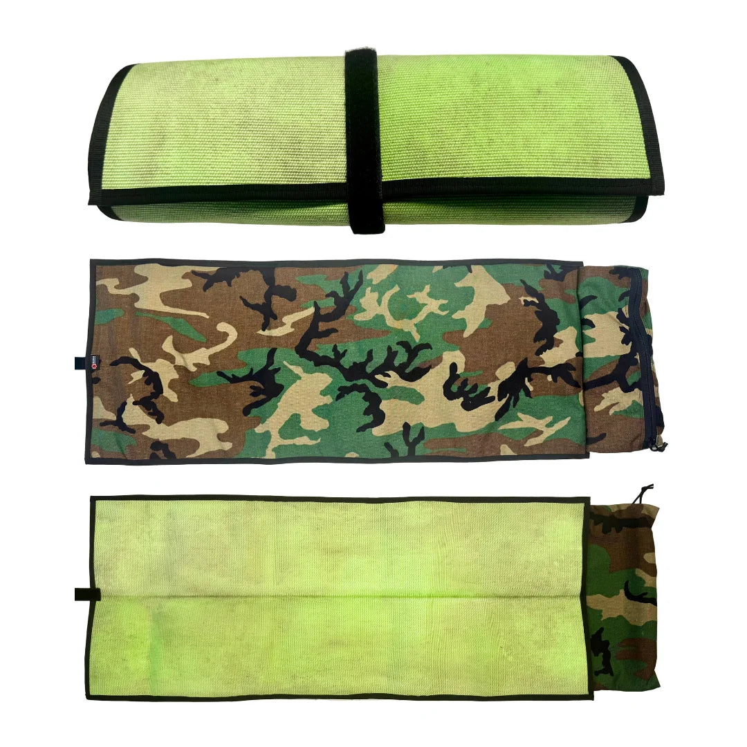Recycled Firefighter Long Rifle Mat Firehose Edition in Vintage Green & Woodland rolled up, front and back view. USA-made from authentic 8" fire hose with a hook-and-loop strap for compact range carry and storage.