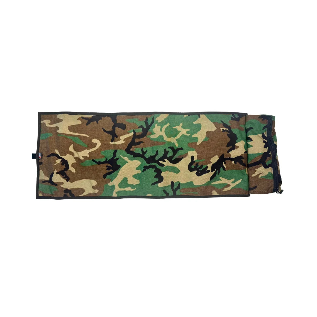 Front view of the Recycled Firefighter Long Rifle Mat Firehose Edition in Vintage Green & Woodland. A 40 x 16 inch USA-made rifle mat crafted from authentic reclaimed fire hose with 1000D Cordura lining.