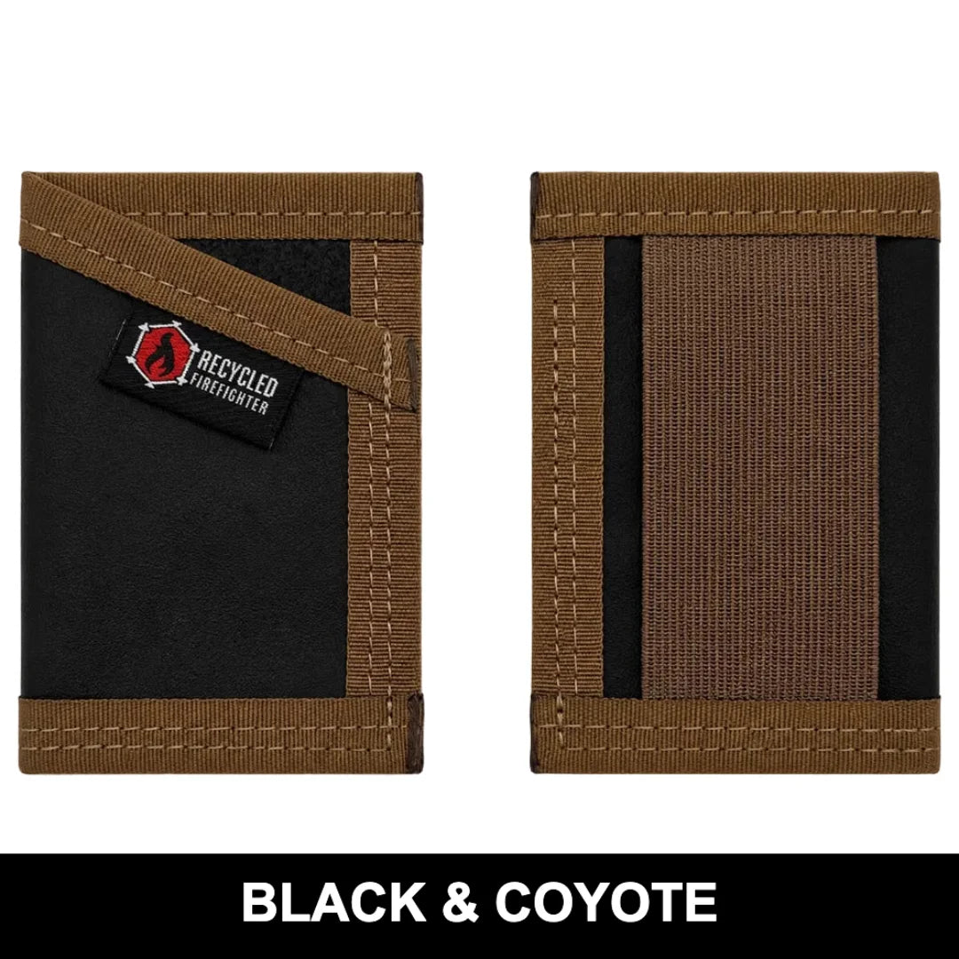 Black and coyote combat leather Sergeant Wallet from Recycled Firefighter. Dual-tone military leather provides versatility.