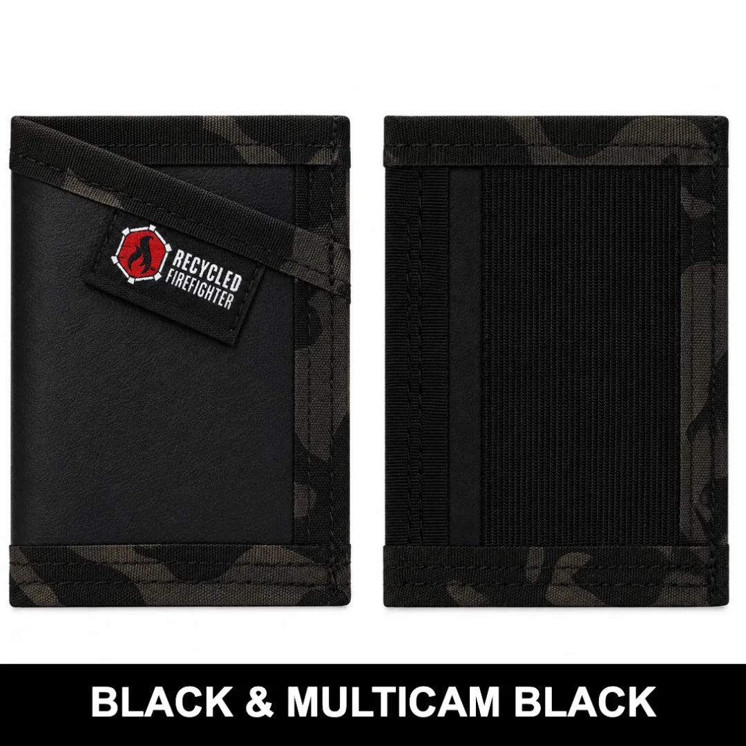 Warrior black with multicam black combat leather Sergeant Wallet by Recycled Firefighter. Premium tactical appearance.