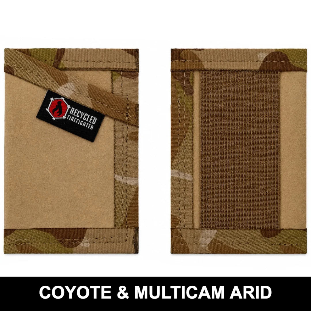 Coyote leather with multicam arid Sergeant Wallet by Recycled Firefighter. Desert-optimized premium construction.
